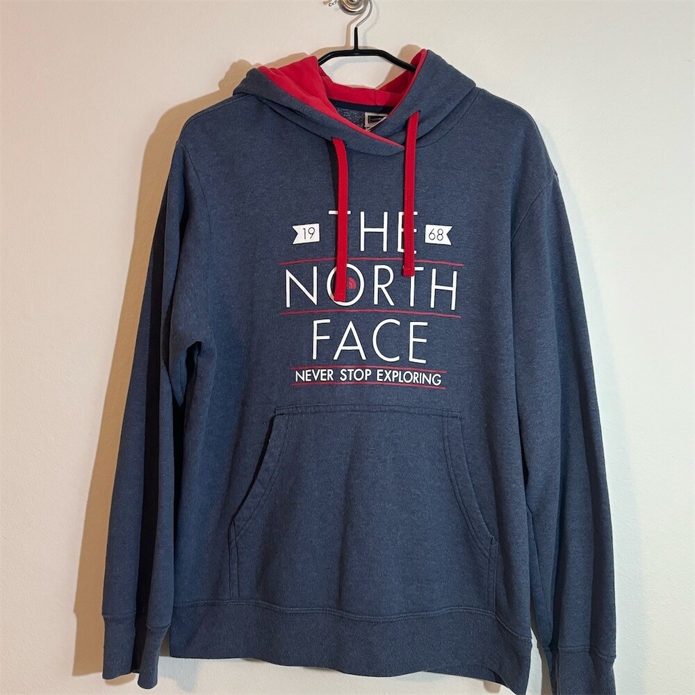 The North Face Hoodie Mens Size L Blue Red Pullover Never Stop Exploring